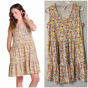 Toad&Co Marley Tiered Ruffle Dress Size Medium Yellow Floral Sleeveless Pockets
